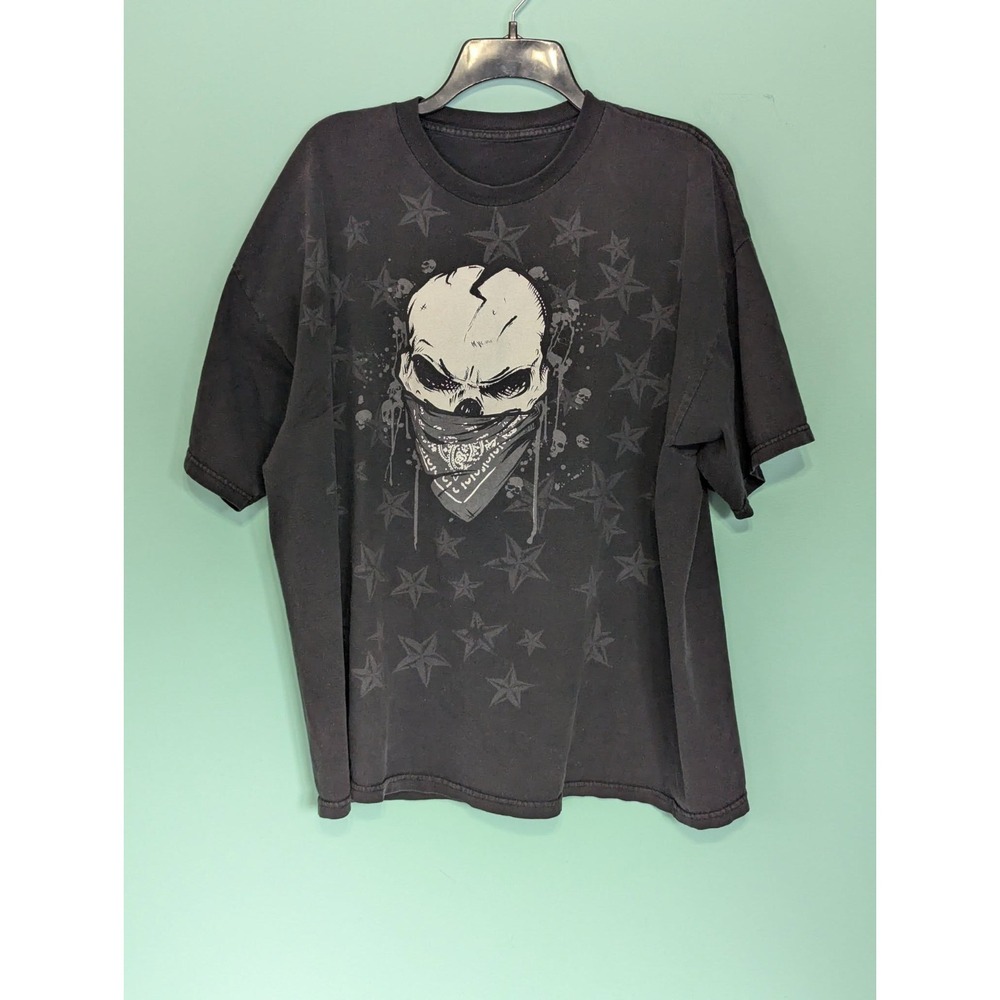 Skull With Bandana Stars Black T-Shirt XL Vintage Pit to Pit 25" - Picture 2 of 8